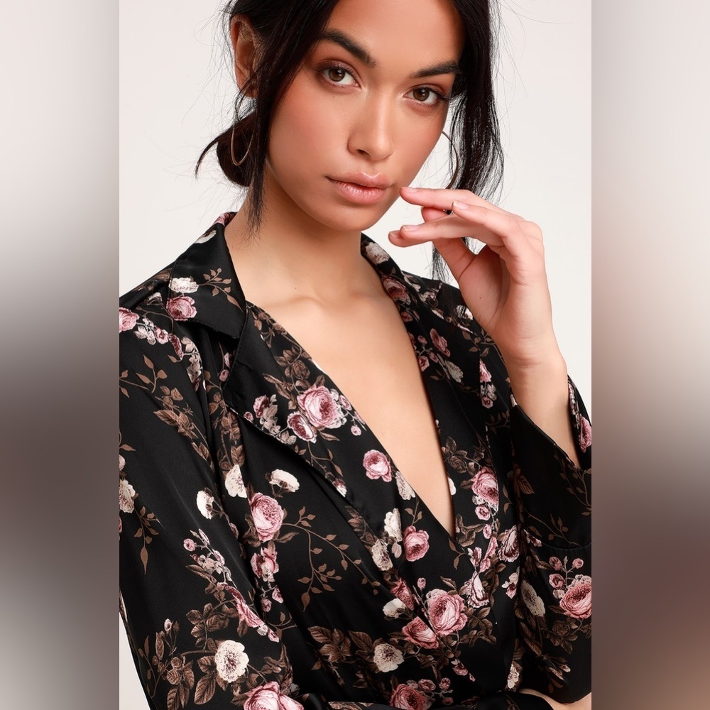 Lylah Black Floral Print Satin Long Sleeve Bodysuit​​